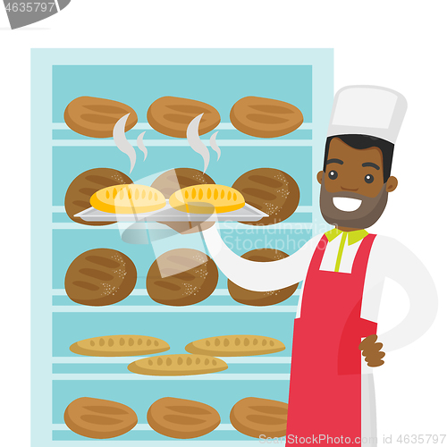 Image of African-american baker holding tray with bread.