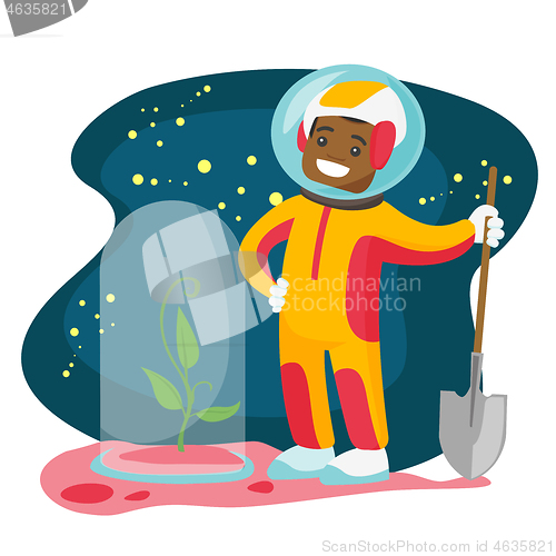 Image of Caucasian astronaut planting tree on a new planet.