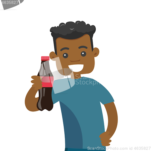 Image of Young african-american man holding bottle of soda.