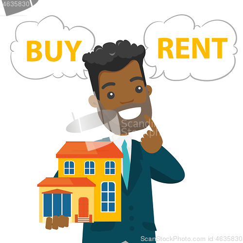Image of African-american man thinking buy or rent house.