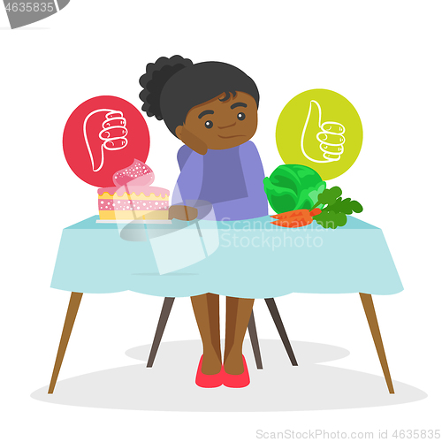 Image of Young woman choosing between vegetables and cake.