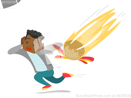 Image of Young african man running from falling meteorite.