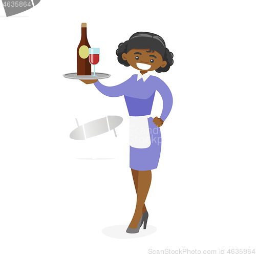 Image of African-american waitress holding tray with wine.