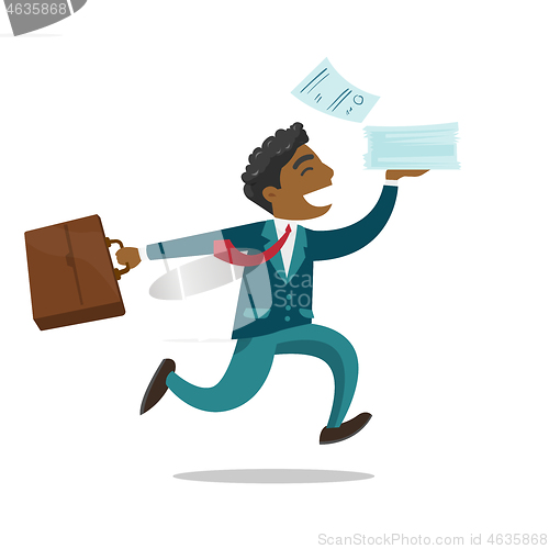 Image of Businessman running with briefcase and documents.