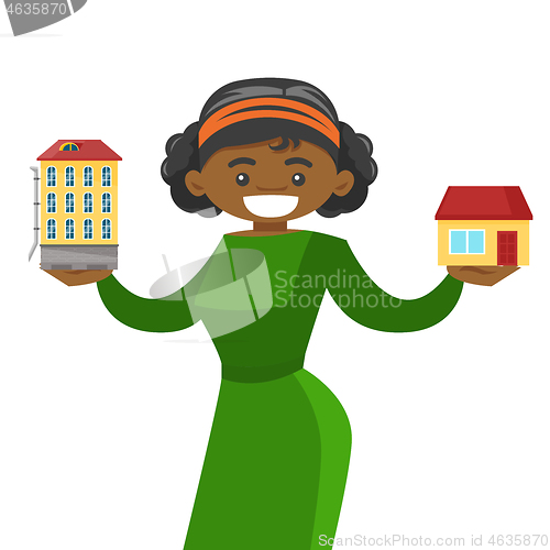 Image of Woman choosing between town apartment and house.