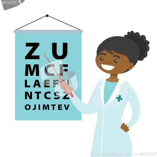 Image of African-american ophthalmologist with eye chart.