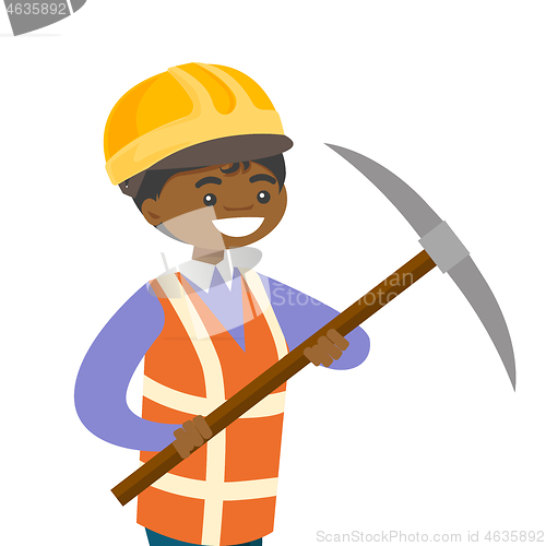 Image of African-american miner in hard hat holding pickaxe