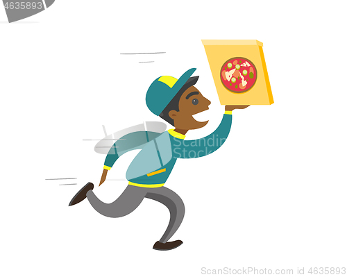 Image of Young african-american man running with pizza.