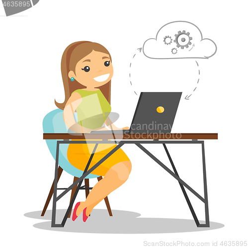 Image of Business woman using cloud computing technologies.