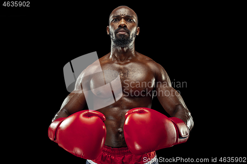 Image of Hand of boxer over black background. Strength, attack and motion concept