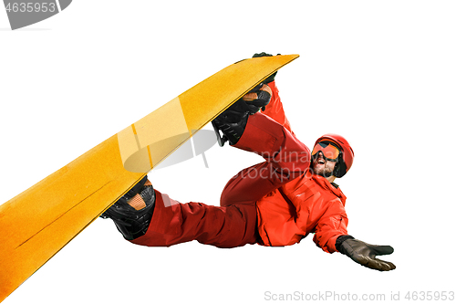 Image of Portrait of young man in sportswear with snowboard isolated on a white background.