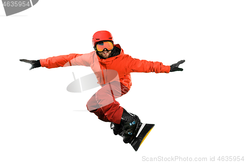 Image of Portrait of young man in sportswear with snowboard isolated on a white background.