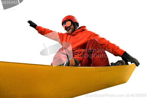 Image of Portrait of young man in sportswear with snowboard isolated on a white background.