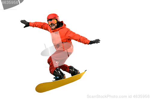 Image of Portrait of young man in sportswear with snowboard isolated on a white background.