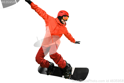 Image of Portrait of young man in sportswear with snowboard isolated on a white background.