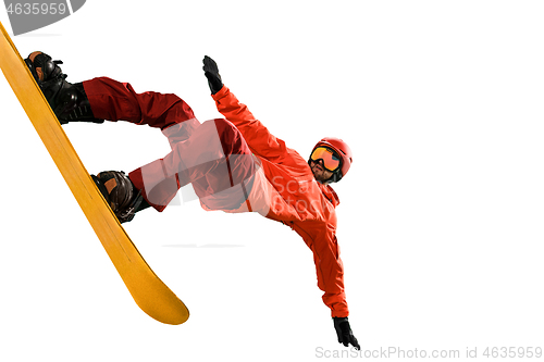 Image of Portrait of young man in sportswear with snowboard isolated on a white background.