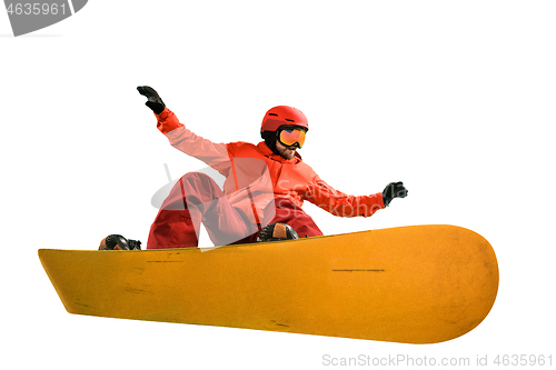 Image of Portrait of young man in sportswear with snowboard isolated on a white background.