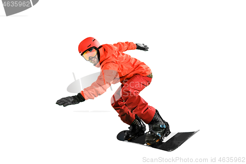 Image of Portrait of young man in sportswear with snowboard isolated on a white background.