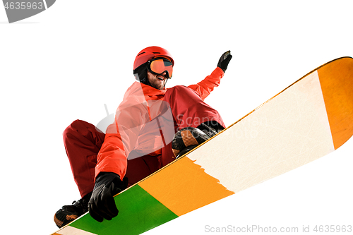 Image of Portrait of young man in sportswear with snowboard isolated on a white background.