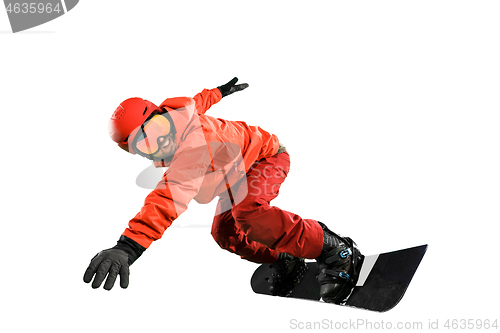 Image of Portrait of young man in sportswear with snowboard isolated on a white background.