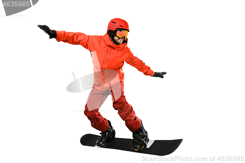 Image of Portrait of young man in sportswear with snowboard isolated on a white background.