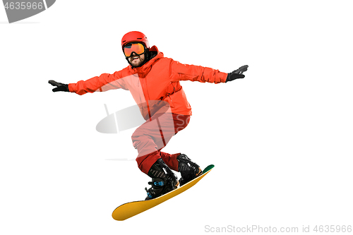 Image of Portrait of young man in sportswear with snowboard isolated on a white background.