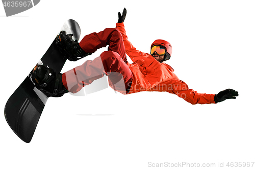 Image of Portrait of young man in sportswear with snowboard isolated on a white background.