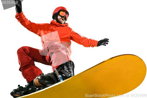 Image of Portrait of young man in sportswear with snowboard isolated on a white background.