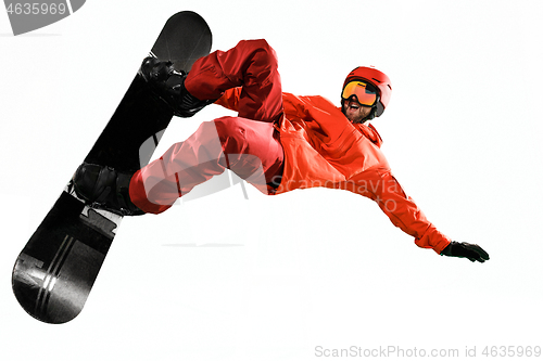 Image of Portrait of young man in sportswear with snowboard isolated on a white background.