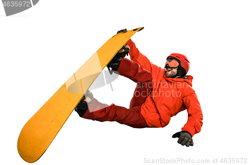 Image of Portrait of young man in sportswear with snowboard isolated on a white background.