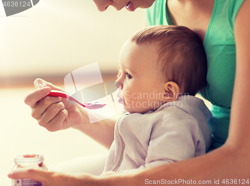 Image of mother with spoon feeding little baby at home