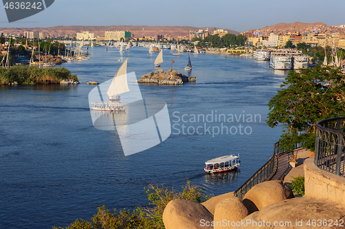 Image of felucca boats on Nile river in Aswan