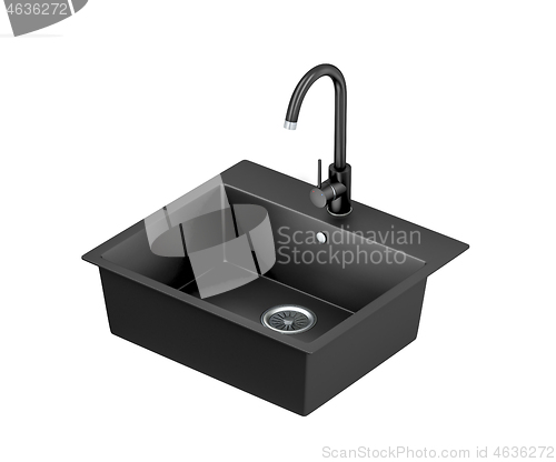 Image of Black quartz kitchen sink and faucet