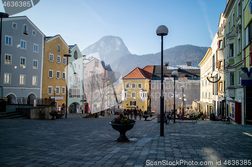 Image of Urban cityscape with town square and old traditional houses in Kufstein city, Austria.
