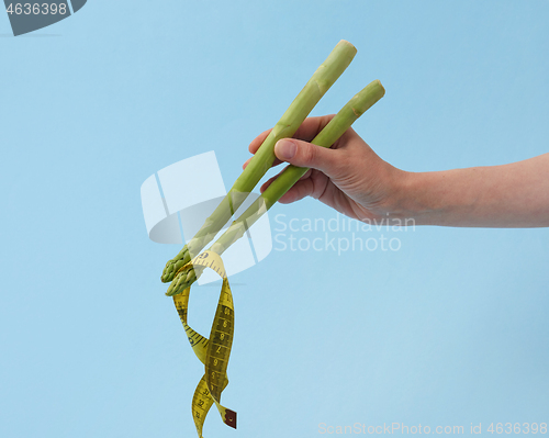 Image of Asparagus spears in a woman\'s hand holding yellow measuring tape.