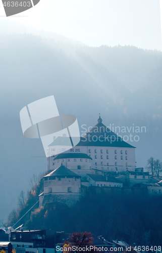 Image of Beautiful landscape with Kufstein Fortress on a background of blurres mountains, Austria.