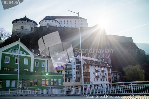 Image of Historical town scape with Kufstein Fortress on a hillside and traditional houses, Austria.