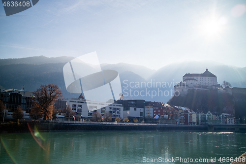 Image of Kufstein Fortress beautiful landscape with smooth river on a forefront, Austria.