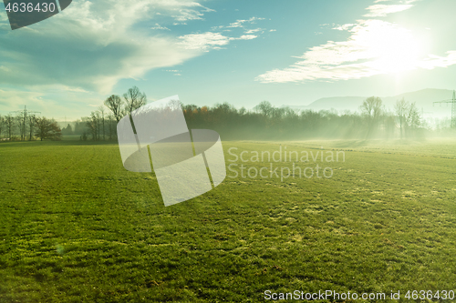 Image of Morning sunny rural landscape with agricultural fields and areas, Austria.