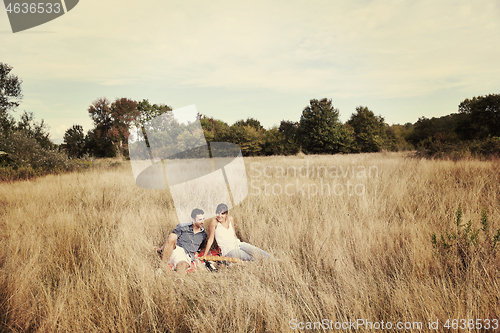 Image of happy couple enjoying countryside picnic in long grass