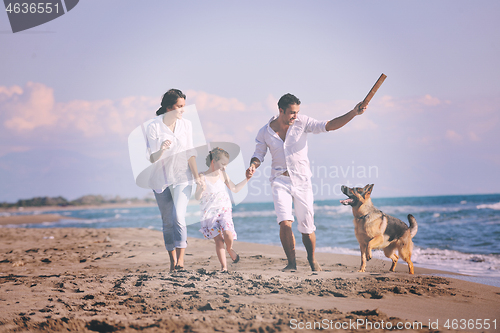 Image of happy family playing with dog on beach