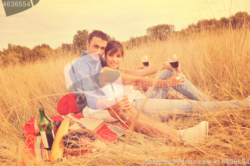 Image of happy couple enjoying countryside picnic in long grass