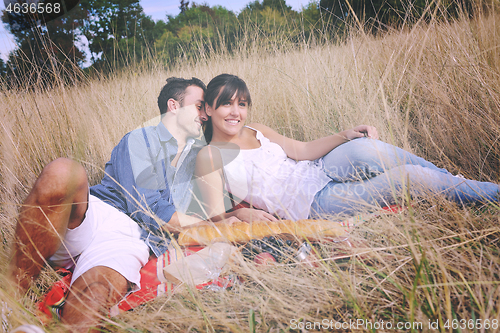 Image of happy couple enjoying countryside picnic in long grass