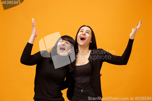 Image of A portrait of a surprised mother and daughter