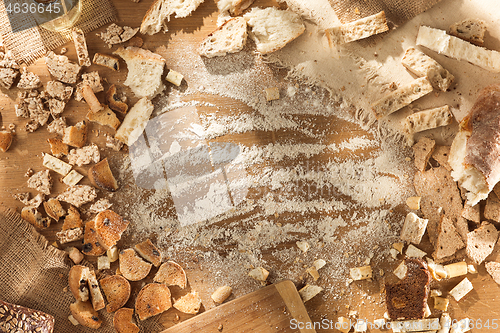 Image of Gluten free food. Various pasta, bread and snacks on wooden background from top view