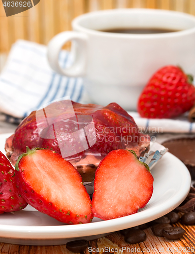 Image of Coffee And Desert Shows Strawberry Tart And Baked  