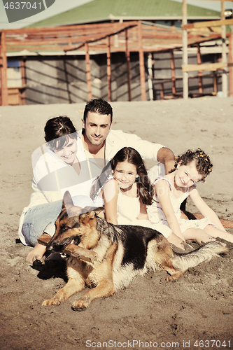 Image of happy family playing with dog on beach