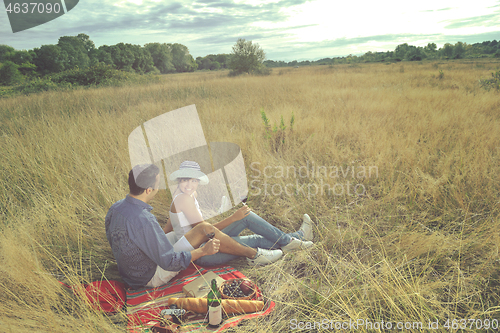 Image of happy couple enjoying countryside picnic in long grass