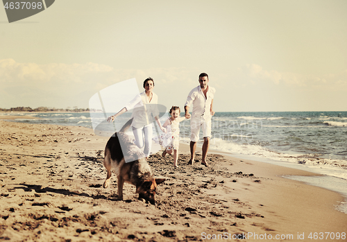 Image of happy family playing with dog on beach