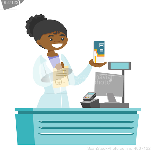 Image of Young pharmacist showing prescription and medicine